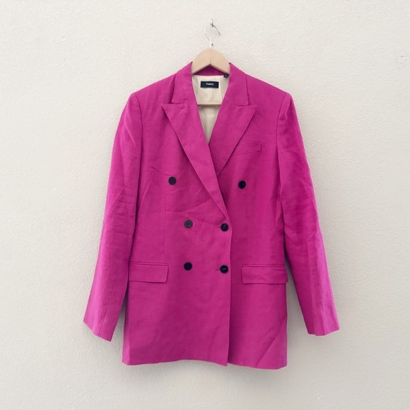 Vince Linen Blazer Jacket Double Breasted Tailor Pink Fuchsia Classic Preppy 8 - Picture 4 of 14